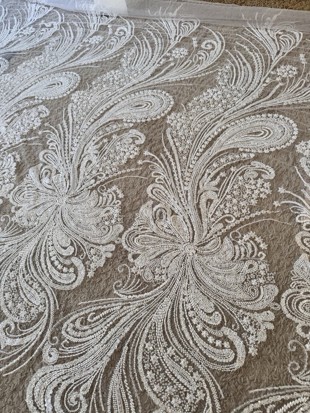 5.1 Yds Heavy Beaded Sequin Lace Fabric 62" White Continuous Bridal Material